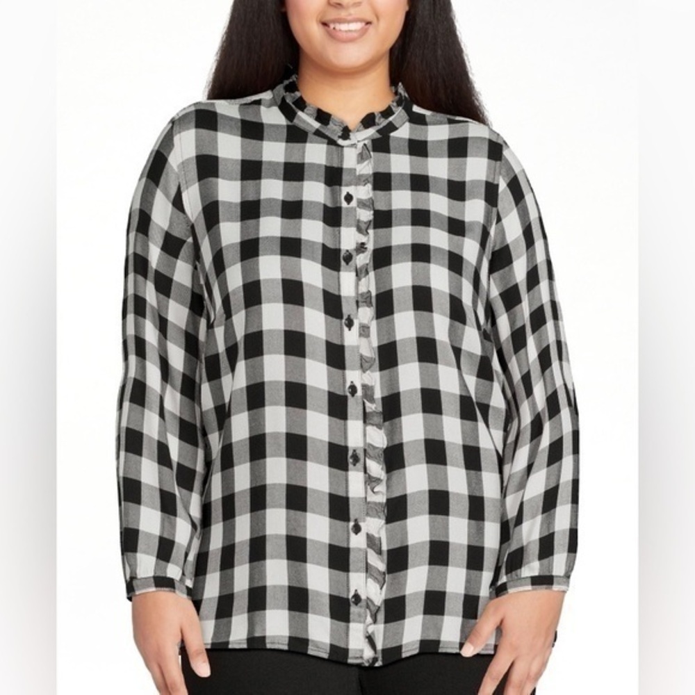 Terra & Sky Women's Plus Size Ruffle Buffalo Plaid Woven Long Sleeve Top 2X